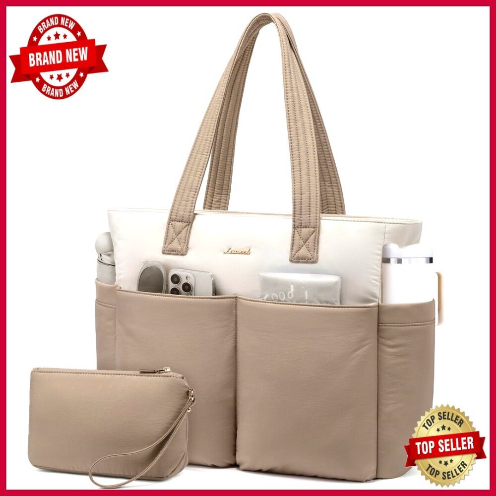 Waterproof Puffer Tote Bag with 8 Pockets, 17.3 Inch Laptop Compartment
